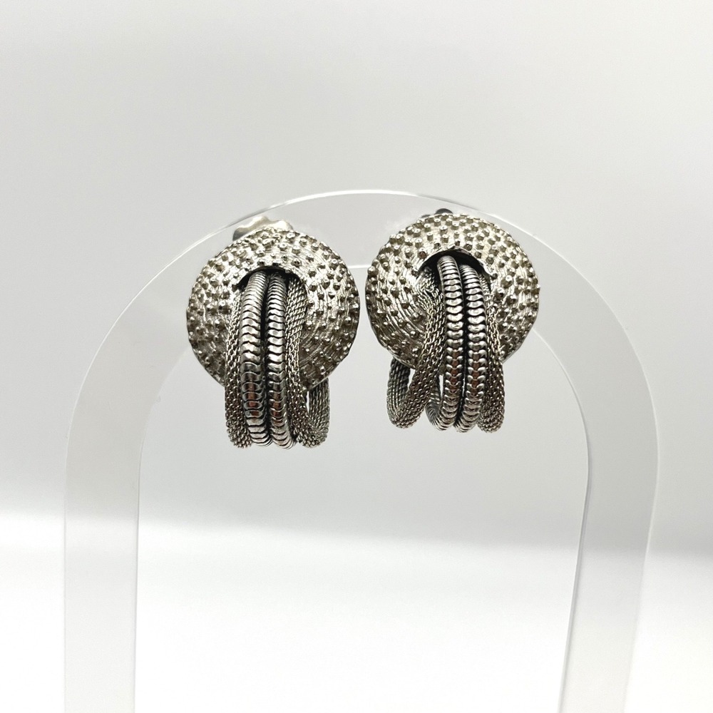 Vintage Silver Tone Mesh and Snake Chain Textured Dome Clip On Earrings